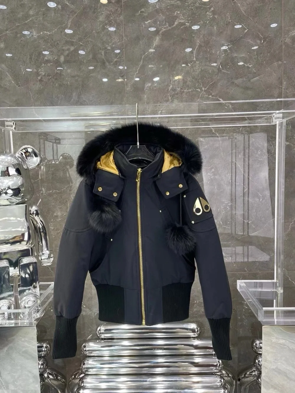 Moose Knuckles Black Hooded Puffer Jacket with Gold Lining